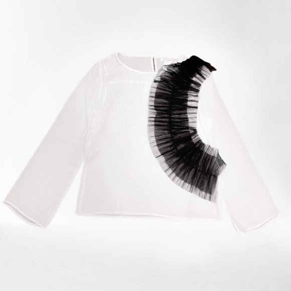 Masseys Black & White Front Ruffle Sheer Blouse - Picture 1 of 5